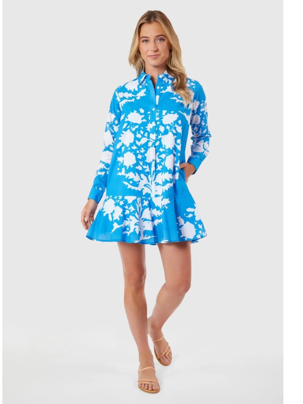Livro Polly Mini Dress Tuff’s Blue Bouquet A-line Shirt Dress Size Large
